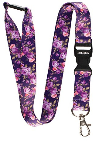 RolSeley Courroie de Cou de Lanière avec Fleurs de Violette - Tour de Cou porte Badge avec Clip Métal Amovible et Clip de Sécurité - Idéale Pour Les Clés de Badge D'identification