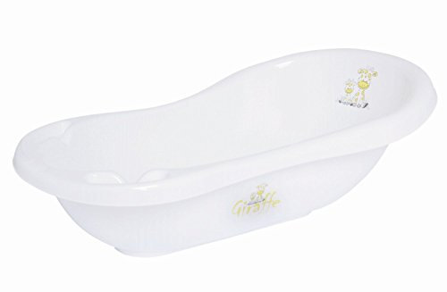 Bieco Ergonomische Babywanne Giraffen in weiß, ab 0 bis 12 Monate, 84 cm, schadstoffreie Badewanne mit Stöpsel für Neugeborene sehr langlebig, Made in Europe, 11001710