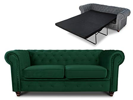 Schlafsofa Chesterfield Asti Bis 2-Sitzer, Sofa mit Schlaffunktion, Couch 2-er, Couchgarnitur, Sofagarnitur, Holzfüße, Glamour (Dunkelgrün (Velvet 78))