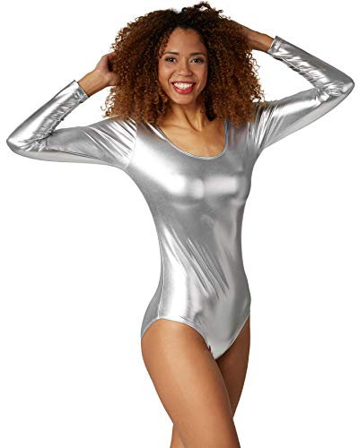 dressforfun Bodys für Damen, Body Damen Langarm, Longsleeve Damen, Top, Metallic Oberteil Damen, Kostüme für Sport, Tanz, Disco Kostüm Damen, Faschingskostüm Damen, Festival Outfit Damen - Silber, L