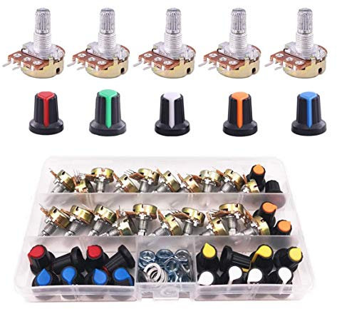 YYWEi Potentiometer Drehpotentiometer Mono Linear B5K B10K B20K B50K B100K B250K 22 Stk Einzelpotentiometer 3 Terminal mit Kappenmuttern und Unterlegscheibe