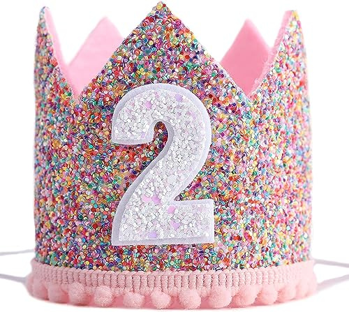 AIVYNA Cappello per 2° compleanno per festa di compleanno, corona di colori caramella glitterata, corona di secondo compleanno, regalo per bambini e ragazze, regali decorativi rosa principessa, due