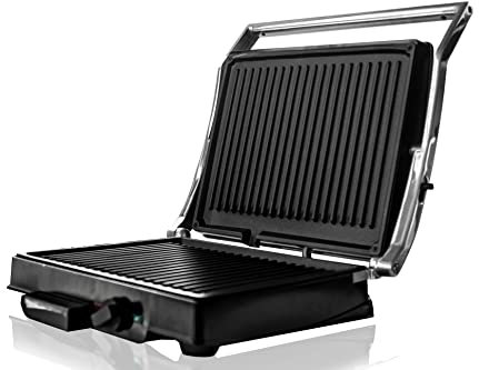 BEHOME Parrilla eléctrica con doble placa de hierro fundido antiadherente, 1800 W, barbacoa eléctrica, temperatura regulable y bandeja recogegrasas