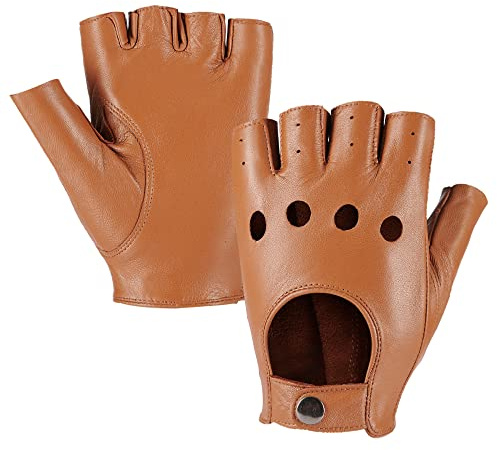 MGGMOKAY Uomo Guanti Guida Mezze Dita in pelle di montone,Cammello,XL
