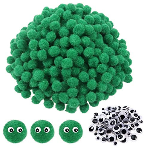 TOAOB 570 Pezzi Verdi Pom Pom 10 mm Mini Pon Pon Piccoli Pompon e 100 Pezzi Occhi Adesivi per Lavoretti Decorazione Festiva Cucito Fai Da Te