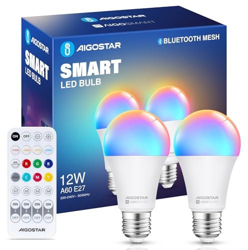 Aigostar Mesh - Lampadina connessa Bluetooth Mesh A60 12W, lampadina collegata Alexa E27 LED 1150LM RGB & 2700K-6500K, lampadina Alexa 16 milioni di colori, 2 unità (con telecomando Bluetooth)