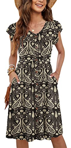 MOLERANI Vêtements D'été Volants Manches V Cou Décontracté Swing Taille élastique avec Poche Robe De Midi pour Les Femmes Paisley Fleur Noir M