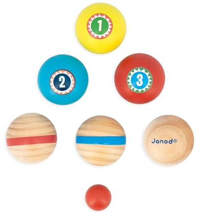 Janod - Jeu de Pétanque Enfant Applepop - Jeu d'Adresse - 6 Boules de Pétanque + 1 Cochonnet + 1 Sac - Jeu Plein Air Enfant - Jouet en Bois FSC - Dès 3 Ans,J03365