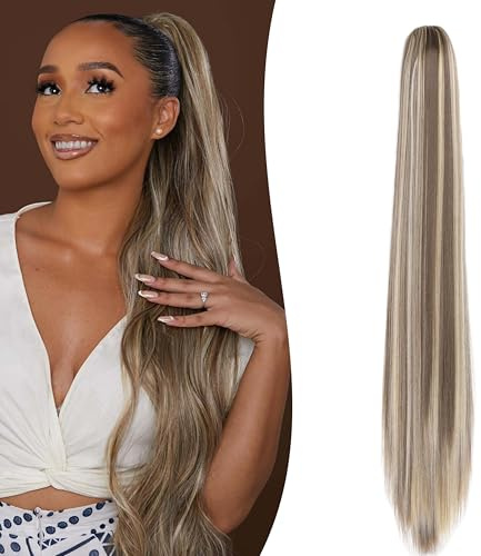 Gairyan 60cm Cola de Caballo Extensiones Pelo Natural Coleta Postiza Lisa con Pinza Extensiones Coleta Larga con Pinza Extensiones de Cabello Postiza Pelo Sintético - Rubio ceniza & Blanqueador rubia