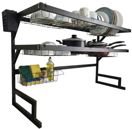 MAKA Scolapiatti da Appoggio Nero, 65 o 85 cm, Portabicchieri, Porta Tagliere, Organizer Cucina, Scolapiatti da Lavello in Metallo, Scolapiatti da Appoggio Sopra Lavello (2 Ripiani - 65 cm)