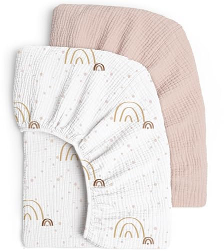 lulumoon 2er Set Kinder Spannbettlaken, Musselin-Baumwolle Spannbetttuch für Babybett und Kinderbett 60x120cm / 70x140cm Reisebett Spannlaken Beistellbett Leintücher