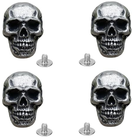 4 stycken Conchos dödskalle med skruvar - legering, 30 mm, demonisk skalle för halloween och läderhantverk, dekoration, skruvar ingår