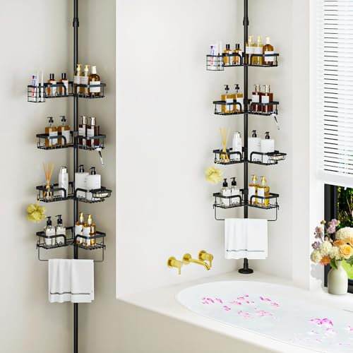 Clothink Corner Shower Caddy Tension Pole 4 Tier Adjustable Stainless Steel Shower Shelf for Inside Shower Bathtub Shampoo,Standing Bathroom Organizer Shelves with 39 to 113 inch Height