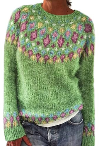 Pull Jacquard Femme Pull Norvégien Femme Grande Taille, Pull Femme Hiver Norvégien, Chaud Pullover Col Rond Pour Femme Mohair, Sweater Oversize Vintage à Motif Tricoté, Pull Irlandais Pull Laine Femme