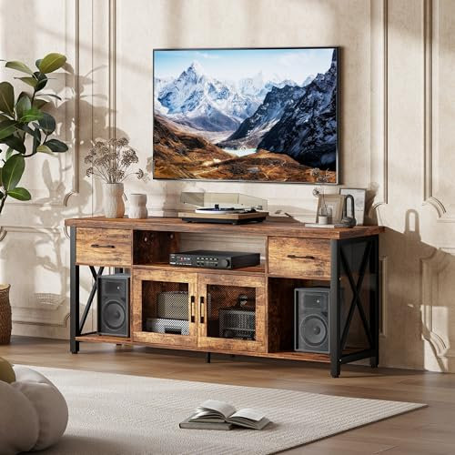 Flycity TV Schrank, 140 cm Lowboard im Industriestil, TV Board Geeignet für Fernseher bis 55 Zoll, X-förmige Stütze, Fernsehschrank aus Holz mit Offenem Stauraum, Fernsehtisch, Vintage-Braun