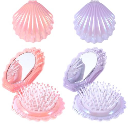 Mini Haarbürste 2 Stück Runde Haarbürste mit Kleiner Spiegel metallisch glänzendes Finish Muschelform Faltbare Kamm Reisebürste Tragbar Klappkamm Haarmassagekamm Rundbürste Klein Kompakte-Haarbürste