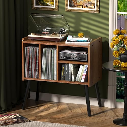 UODERS Tocadiscos de mediados de siglo con almacenamiento de vinilo para hasta más de 150 álbumes, armario de vinilo con estantes ajustables, color marrón