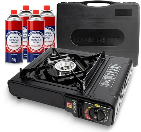 BESCH Hornillo de Gas Portátil para Acampada con Maletínn + 4 Cartucho de Gas Butano - Estufa de Camping con Protecc'on contra Sobrecalentamiento Compatible con Cartuchos de Gas Butano