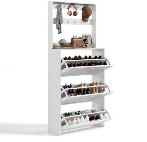HOPUBUY Tall Shoe Cabinet with 3 Flip Drawers, Farmhouse Hidden Shoe Storage Cabinet with Coat Rack, Slim Narrow Freestanding Shoe Storage Organizer for Entryway, Hallway & Living Room, White