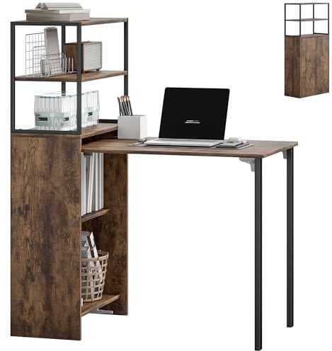 HOMCOM Folding Computer Desk with 4-Tier Bookshelf Study Table Rustic Brown | Space-Saving Multifunctional Small Office Desk, 2-in-1 Compact Industrial, Metal Frame, for Small Spaces, Home Office