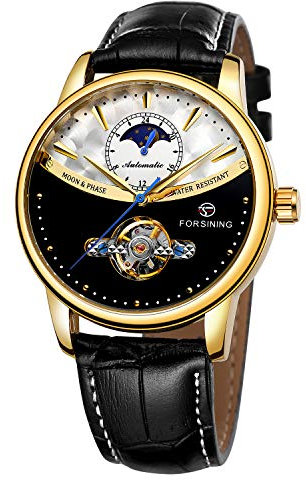 Yoodeet Echtes Leder Automatik Mechanische Armbanduhr Männer Edelstahl Skeleton Automatische Uhren für Männer Schwungrad Kalender Uhr Gold Schwarz