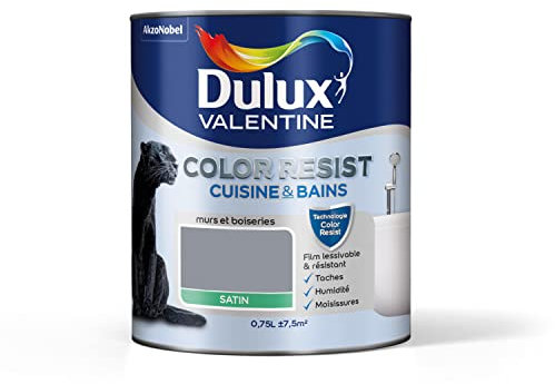 Dulux Valentine Color Resist - Peinture Intérieure Pièces Humides - Pour Murs, Plafonds, Boiseries - Lessivable et Résistante - Couleur : Gris Building Satin - 0,75 L - 5261976