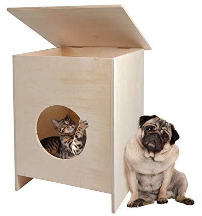 Alsino Katzenhöhle Große Katzen Höhle Katzenhaus Kuschelhöhle Katze Schlafplatz 42x42x50 cm Katzenkorb Katzenbett Sitzhocker mit aufklappbarem Dach aus Holz