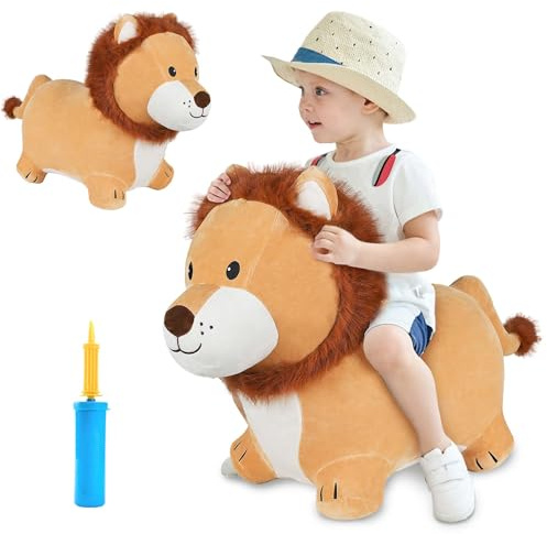 iPlay, iLearn Bouncy Pals Lion Hopper Toy, Toddler Plush Bouncing Animal, Inflatable Ride on Bouncer W/Pump, Indoor Outdoor Hopping Horse, Kid Jumping Toy, Birthday Gift for 2 3 4 5 Year Old Boy Girl