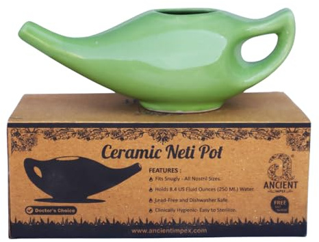 Antico Pentola in ceramica IMPEX (verde, 250 ml) con 5 bustine di sale neti, sollievo naturale dalla pressione sinusale e dalla congestione, vaso ayurvedico per la pulizia nasale