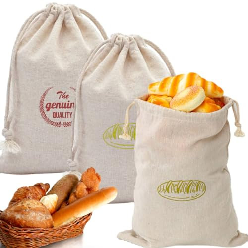 Bubuny Leinen Brotbeutel Stoff 3er 30x40cm Brötchenbeutel Bäckerleinen mit Kordelzug, Brotsack zum Frischhalten Brottasche Wiederverwendbar für Brot Baguette Obst Gemüses Aufbewahrung Frischhalten