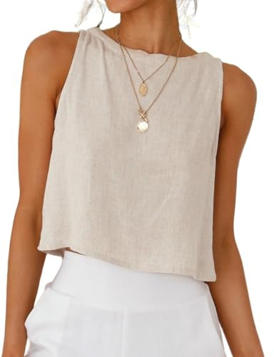 IDEALSANXUN Linen Vest Tops for Women Cotton Sleeveless Shirts 2026 Spring Summer High Neck Trendy Crop Tank Top, Beige, XS
