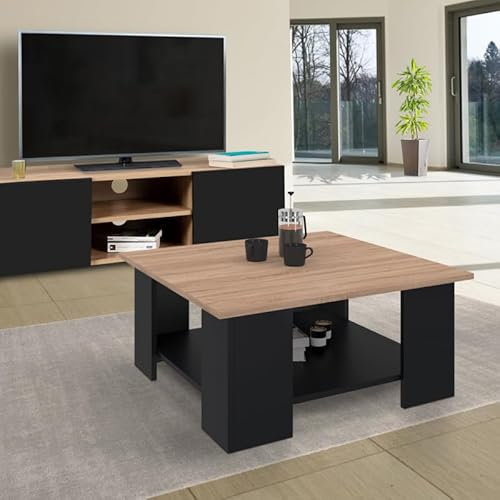 IDMarket – Mesa baja cuadrada ELI negra bandeja de haya, Muebles