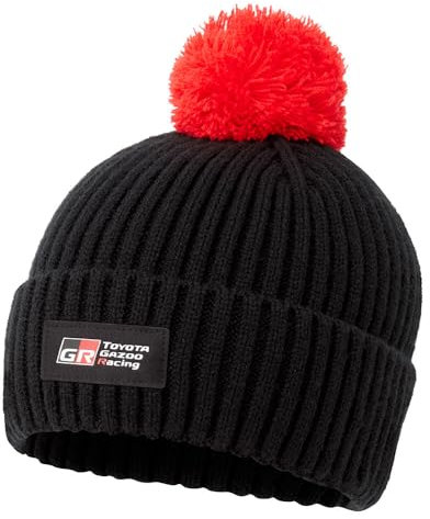Toyota Gazoo Racing - Offizieller Merchandise-Artikel - Strickmütze mit Bommel - Schwarz/Rot - Stretch-Passform, Schwarz , Einheitsgröße