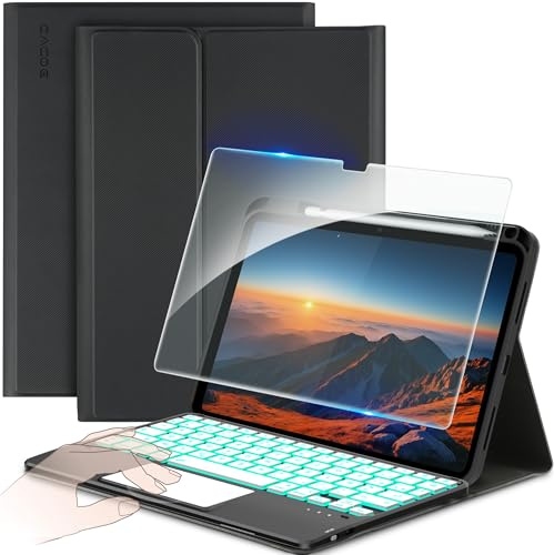 CACOE Clavier Étui Compatible avec iPad 11 ème (A16) / 10 ème Génération 11/10,9 Pouces (2025/2022), Coque Clavier avec Pavé Tactile, [AZERTY] avec Éclairage à 7 Couleurs, Noir