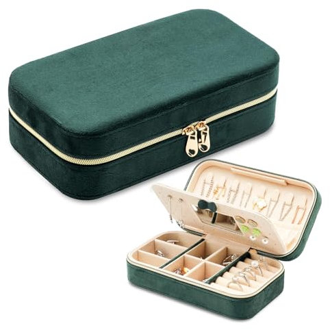 Amandir Plush Velvet Travel Jewellry Box, Stackable Jewelry Box with Mirror, 3-Tier Jewelry Storage Organizer, Small jewellery box for women, Travel jewellery Case, 18cm×10cm×5.5cm, Dark Green