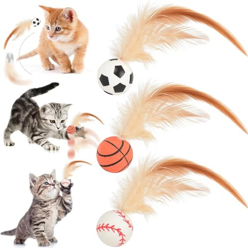 3 Stück Hüpfender Katzenball mit Feder, 2025 Neuestes Interaktives Federballspielzeug für Wohnungskatzen, Unterhaltung mit Federn, Spielen für drinnen und draußen, hochelastischer Spaß für Katzen