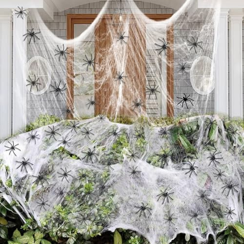 Crogift 3000 Sqft Halloween Spider Web Decoration, 500g Super Stretched Cobwebs Halloween Decorations with 50 Fake Black Spider for Indoor Outdoor Decorations