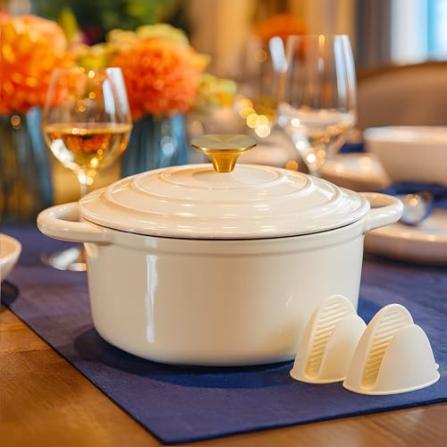 Nilpferd Gusseisen Topf Schmortopf 22cm Emaille Bräter mit Deckel Topflappen, Kasserollen Bratentopf brot backen für Schmoren Braten Incl.1 Paar Silikon Ofenhandschuhe &Topfuntersetzer(Cremeweiß,3L)