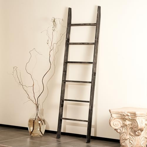 Blanket Ladder for The Living Room 6-Tier, Wooden Decorative Quilt Holder for Bed Room, Wall-Leaning Wood Towel Rack for Bathroom，Rustic Farmhouse Ladders for Display.(Black Wash)