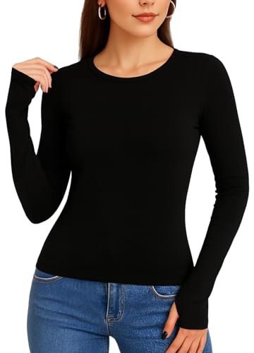 Honeywish Long Sleeve t Shirts Women with Thumb Holes, Thermal Tops, Stretch Fitted Basic Cotton Tee, Crew Neck Thumbhole Top for Layering (UK, Alpha, L, Regular, Regular, Black)