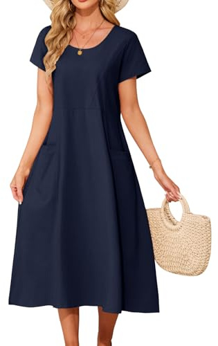 PASUDA Vestito Donna Estivo Vestiti Lungo Cotone Abito Manica Corta Scollo Rotondo Elegante Vestito da Mare Spiaggia Boho Casual Abiti Lunghi con Tasche (Blu Scuro, XL)