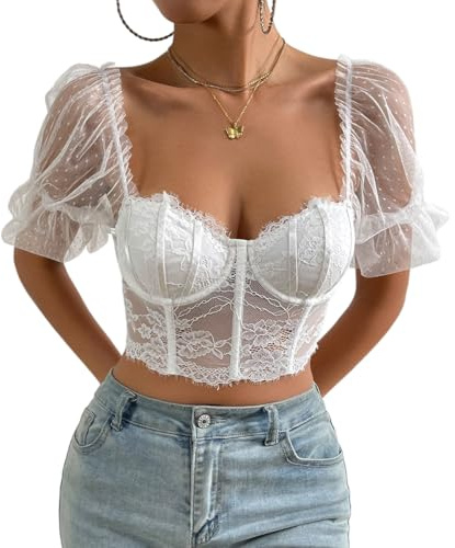RWGSNB Bustier Femme, Corset en Dentelle pour Femme Bustier Sexy en Résille Transparente Manches Courtes Bouffantes Coupe Ajustée Broderie Florale Débardeur Court D'Été Idéal pour Fêtes Rende