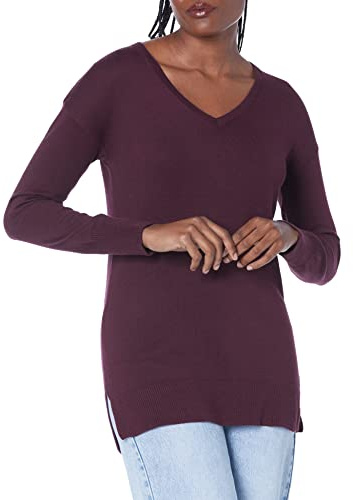 Amazon Essentials Women's Regular Fit Lightweight Long-Sleeved V-Neck Tunic Jumper (Available in Plus Size), Burgundy, L