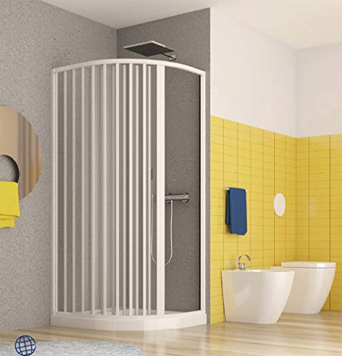 Cabina de ducha semicircular, medida 70 x 100 cm, cabina de fuelle con apertura lateral.