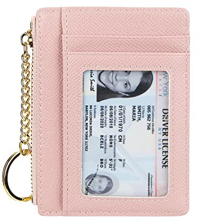 Damkort smal minimalistisk korthållare mynt byte handväska nyckelring framficka plånbok med ID-fönster, Rosa-id, En storlek, Minimalistisk