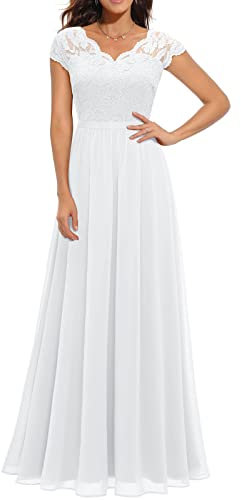 FeMereina Women's Formal V Neck Floral Lace Bridesmaid Maxi Dress Tulle Ball Gown Vintage Mesh Cocktail Party Prom Dress (White, X-Large)