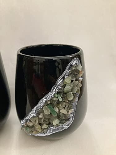 Black and Gold Ceramic Vase/Planter/Pot/Mug/Wine Goblet with Light Green Agate Semi - Precious Agate Crystal Gemstones |Both(Small & Large), (Silver - Finish)