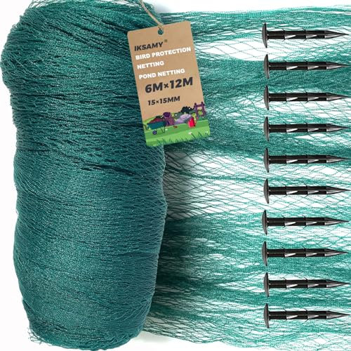 Filet Anti Oiseaux 6x12m Filet de Protection - avec Maille de 1,5 cm, Filet de Jardin Vert Inclus 10 piquets, Protection pour Jardin, verger, Potager, Balcon et (72m²)