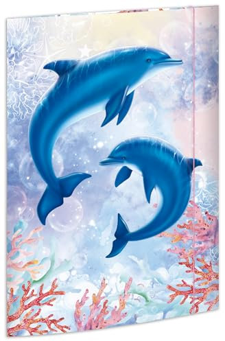 RNKVERLAG 45380 - Zeichenmappe Delfine 310 x 440 mm, Dokumentenmappe für DIN A3, mit Gummizugverschluss, 1 Stück