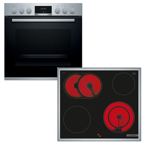 Bosch HND411VS62 Einbauherd-Set, bestehend aus HEA513BS2 Herd, 60 x 60 cm, 3D Heißluft, mit versenkbaren Drehknöpfen & NKN645GA2E Elektrokochfeld mit Edelstahlrahmen, 4 Kochzonen inkl. Bräterzone
